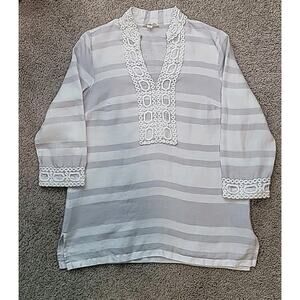 Charter Club Women’s Linen Embroidered Tunic – White & Gray Size M Resort Style